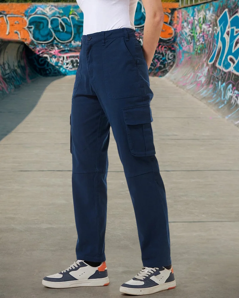 bewakoof Women's Blue Straight Cargo Pants